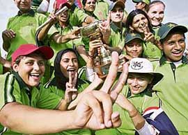 Pakistan women cricketers celebrate after winning the third and last three-day match against Hong Kong at the Gaddafi Stadium in Lahore on Thursday. Pakistan won the series 3-0.