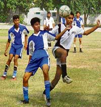A match in progress during the CBSE Football Tournament at Satluj Public School, Sector 4, Panchkula, on Friday.