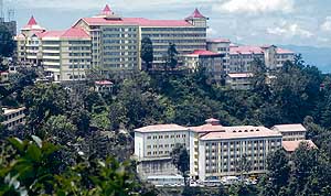 Buildings of the Indira Gandhi Medical College and Hospital nestling in the hills at Shimla. 
