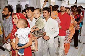 Devotees queue up to pay obeisance on the occasion of the first navratra at Mata Mansa Devi Shrine, Panchkula