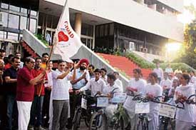 Adviser to Administrator Lalit Sharma flags off a cycle rally in Chandigarh on Sunday
