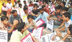 JNU students sitting on dharna in front of the UGC office in the Capital on Monday.