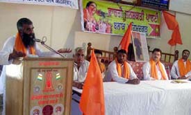 Vishav Nath, general secretary of the Bharatiya Janshakti Party addresses audience at a function organised in Ahmedgarh