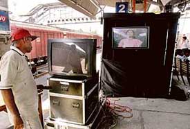 Television sets being installed at the Chandigarh railway station for the live telecast of the Chandigarh-Morinda Rail inauguration function