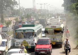 Vehicles stranded in a traffic jam on the Phagwara-Jalandhar GT Road as the road was blocked due to accidents near the BSF Chowk in Jalandhar on Tuesday.