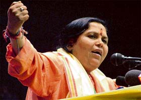 Bharatiya Janshakti Party leader Uma Bharti at the Desh Bachao Sammelan at Talkatora Stadium in New Delhi