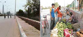 A stretch of New Sabzi Mandi Road without encroachers during the Prime Minister’s visit to Ludhiana on Wednesday; and encroachers back to business in the evening