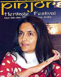 Ms Kiran Chaudhry, Haryana Minister of State for Tourism, addresses a press conference in New Delhi on Wednesday to announce the first-ever "Pinjore Heritage Festival", which will be held at Pinjore Gardens from October 5 to 9. 