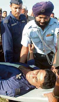 Pilot V Naik being bailed out of MiG-29, which crashed in Ambala on Thursday. 