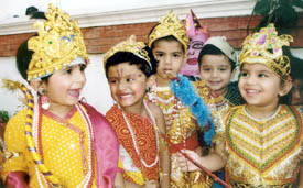 Students of Sapling School, Ludhiana, are happy to don dresses of the characters of the Ramayana at a fuctnion held in the school on Thursday