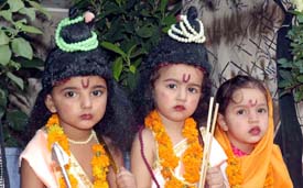 Children of Kiddies Paradise, dressed up as characters from Ramayana, at a function held in their school to celebrate Dasehra in Ludhiana on Thursday