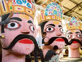 Effigies of Ravana, Kumbhkarana and Meghnada being prepared for Dasehra in Mohali on Thursday.
