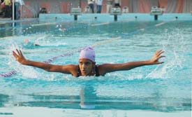 An event during the Ludhiana District Swimming Championship in progress in Ludhiana on Friday