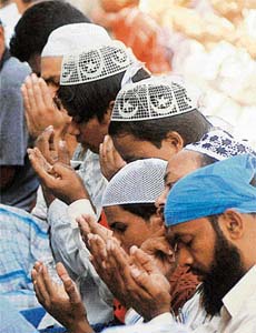 Muslims offer namaz on the first Friday of Ramzan at the Delhi Jama Masjid