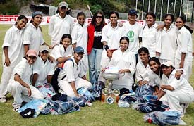 Students of Mayo College Girls School, Ajmer, are all smiles after winning the 6th IPSC Girls Cricket Tournament at Pinegrove School, Dharampur, on Saturday.