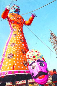 An effigy of Meghnad being put up on the eve of the Dussehra festival