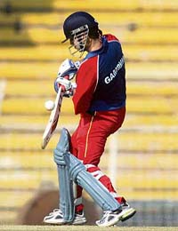 India Reds Gautam Gambhir plays a shot during the opening match of the Challenger Series against India Blue at the MA Chidambaram Stadium in Chennai