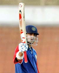 India Reds Gautam Gambhir celebrates his century during the opening match of the Challenger Series against India Blue at the MA Chidambaram Stadium in Chennai