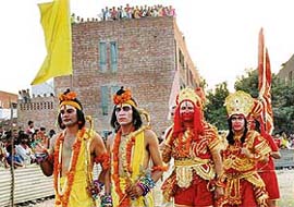 Artistes in different roles, greet the people for the Dasehra festival in Sector 46 ground, Chandigarh