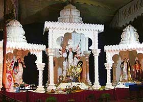 The mandap for Durga Pooja celebrations by Air Force personnel of 12 Wing and 3-BRD in Sectors 31 and 47 which has been designed and decorated by Ashotosh Choudary and his team