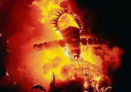 An effigy of Ravana goes up in flames at the Sector 46 Dasehra grounds in Chandigarh
