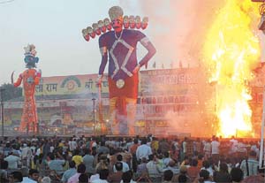 Effigies of Ravana, Kumbhakaran and Meghnad at Subhash Maidan in the Capital on Monday.