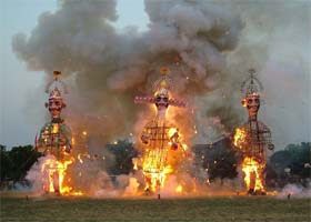 Effigies of Kumbkaran, Ravana and Meghnath go up in flames during Dasehra celebrations at Model Town, Jalandhar