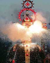 An effigy of Ravana, the symbol of evil, goes up in flames at Daresi Ground, Ludhiana, on Monday evening.