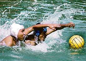 Players from Manipur and Gwalior participate in the water polo games held during inter-university sports tournaments at Panjab University in Chandigarh on Wednesday