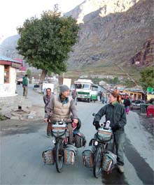 Christine and Eric, a Swiss couple, during a world tour at Koksar in Lahaul-Spiti on Wednesday. The couple, on the tour since September 18, 2004, expect to cover 1,40,000 km after 10 years in 2014.