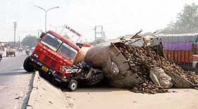 A tanker carrying LPG overturned after colliding with a tractor-trailer near Oswal Hospital in Ludhiana