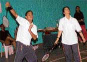 Prabhjot and Kanika in action in mix double event at Special Olympic Bharat Badminton Tournament in Sector 42, Chandigarh, on Thursday