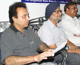 General Secretary of Sangeetkaar Madan Mohan Yaadgaar Sabha addresses a press conference in Jalandhar on Wednesday