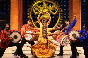 Actors pose for the media after a dress rehearsal of 'Bollywood - The Show' in Berlin