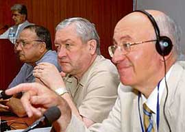 Prof Sergey Kurginyan, Mr Vyacheslav I. Trubnikov and Gen (Retd) S. F. Rodrigues address delegates at a seminar in CRRID in Chandigarh on Friday.