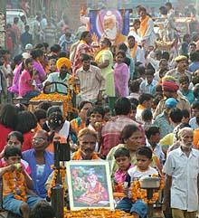 A shobha yatra taken out on the eve of birth anniversary of Bhagwan Valmiki in Jalandhar on Friday. 