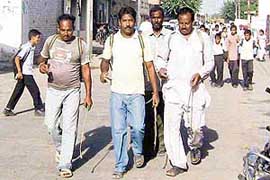 Municipal Council employees hunt for breeding places of mosquitoes causing dengue at Mandi Ahmedgarh on Friday.