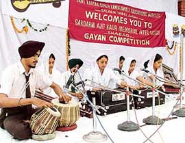 Students sing shabads at an inter-school shabad gayan competition at the SKSK Education Trust in Ludhiana on Friday.