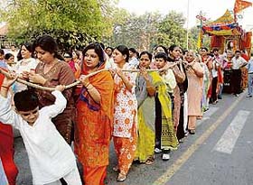 A view of the shobha yatra to mark the death anniversary of Sri Sai Baba in Chandigarh