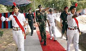 Additional Director-General, NCC, Major-Gen R.K. Karwal (centre), during his visit to review a naval wing training camp at the Sukhna Lake in Chandigarh