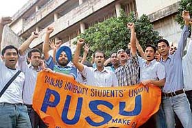 PUSU activists protest against the Controller of Examination for delay in declaring reappear exam result at Panjab University in Chandigarh