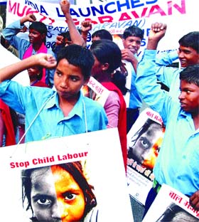 Children under the banner of Bachpan Bachao Movement at a rally against child labour outside the Labour Ministry in the Capital