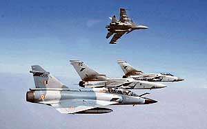 An SU-30 and a Mirage 2000 of the Indian Air Force fly with a Tornado aircraft of the Royal Air Force during the Indo-UK joint air exercise in Gwalior on Tuesday.