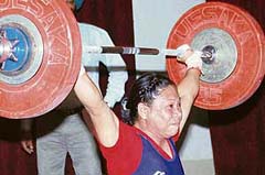 Sanamacha Chanu in action at the 55th All-India Police Games at the indoor PAP Complex, Jalandhar Cantonment
