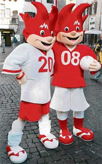 The mascots for the Euro 2008 soccer championship  to be staged jointly by Austria and Switzerland  Trix (left) and Flix pose for photographers in Innsbruck (Austria) on Tuesday during their presentation