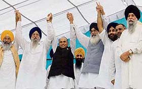 From left: Mr Sukhdev Singh Dhindsa, Mr Ranjit Singh Brahmpura, former Himachal Pradesh, Chief Minister Mr Prem Kumar Dhumal, SAD President Parkash Singh Badal, Mr Sukhbir Badal, BJP leader Avinash Khanna and Capt Kanwaljit Singh in a SAD rally at Matka Chowk in Chandigarh