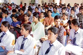 Students attend a function as part of the campaign launched by PTU for creating awareness among masses about female foeticide and drug addiction at the Swami Vivekanand Institute of Engineering and Technology, Banur