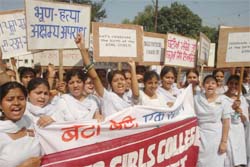 Students of the BD Arya College for Girls organise a rally against female foeticide, in Jalandhar Cantonment on Wednesday.