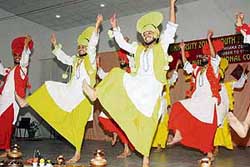 A bhangra performance in progress in Dr Ishwar Singh Memorial Hall of GNN College, Doraha, as part of the Youth and Heritage Festival of Ludhiana Zone-A in Ludhiana on Wednesday