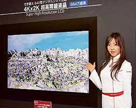 A Sharp employee displays a super-high resolution LCD display, which has four times higher resolution, 8.84 mega-pixels on a 64-inch LCD panel at the annual flat panel display exhibition in Yokohama on Thursday